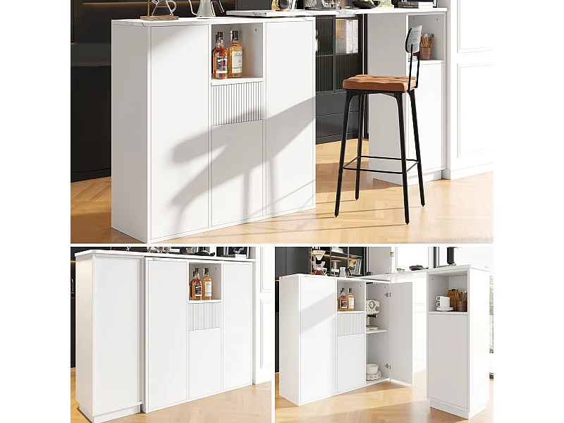 Table de bar rotative - 210 x 30 x 100.9 cm - îlot de cuisine avec portes et tiroir - MDF - blanc