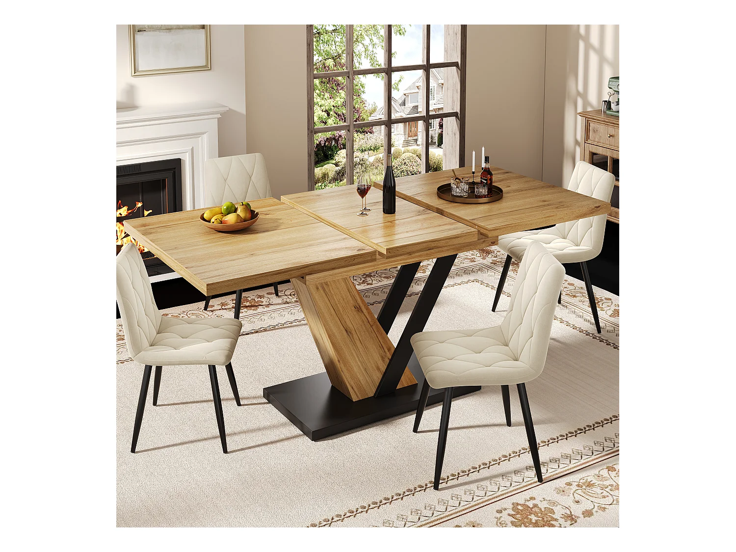 Table à manger extensible - 120/160 x 75 x 75.5 cm - pour cuisine et salon - MDF + métal - naturel