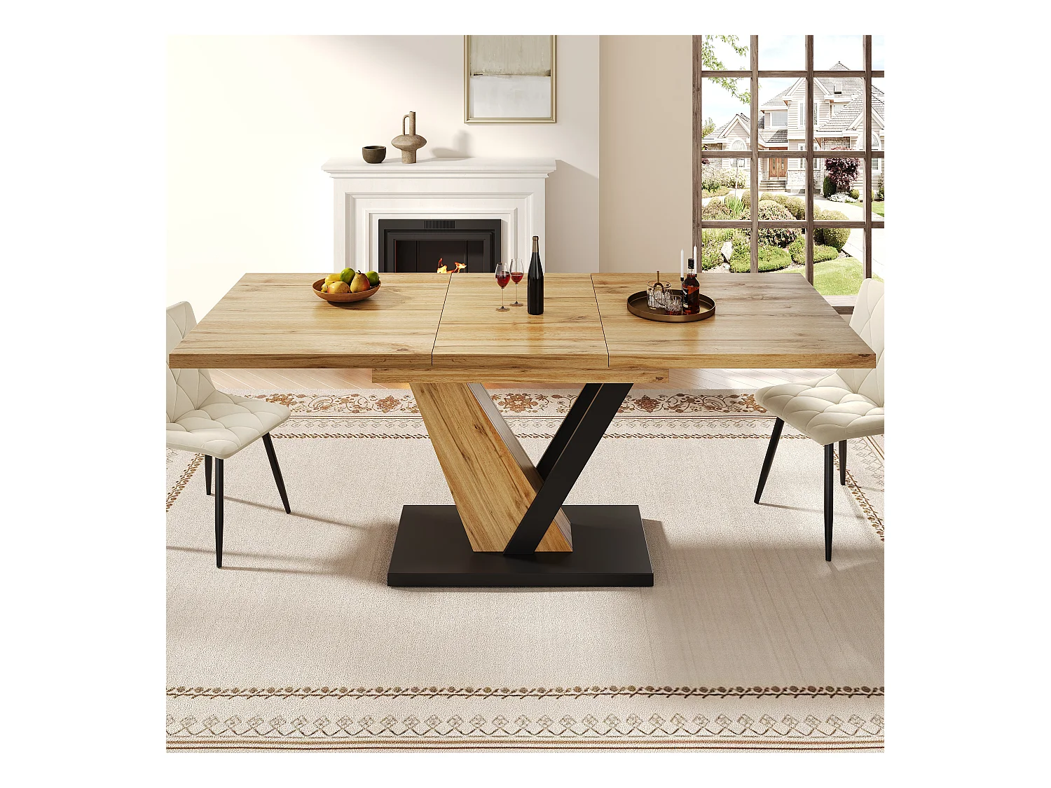 Table à manger extensible - 120/160 x 75 x 75.5 cm - pour cuisine et salon - MDF + métal - naturel