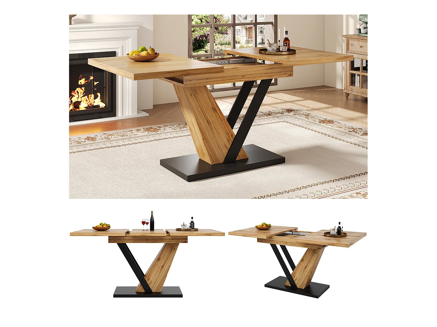 Table à manger extensible - 120/160 x 75 x 75.5 cm - pour cuisine et salon - MDF + métal - naturel