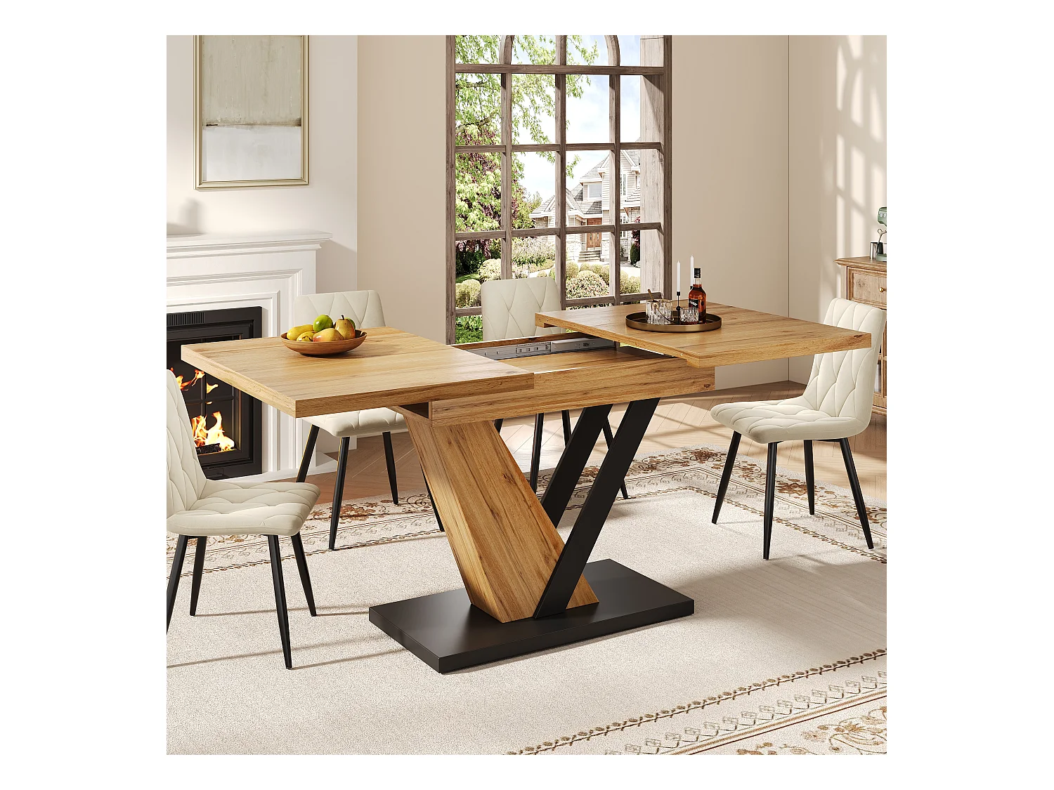 Table à manger extensible - 120/160 x 75 x 75.5 cm - pour cuisine et salon - MDF + métal - naturel