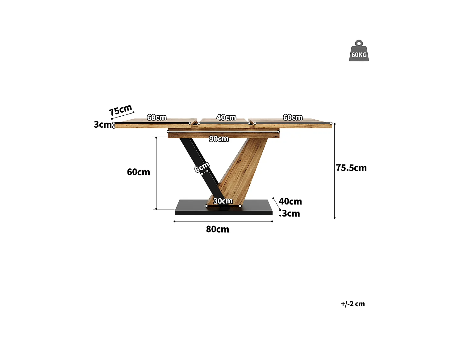 Table à manger extensible - 120/160 x 75 x 75.5 cm - pour cuisine et salon - MDF + métal - naturel