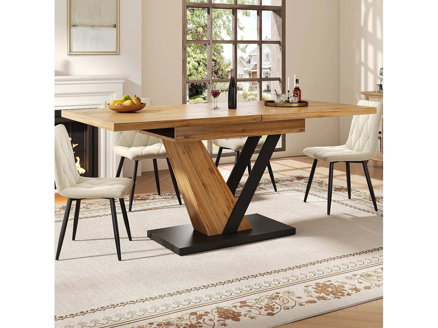 Table à manger extensible - 120/160 x 75 x 75.5 cm - pour cuisine et salon - MDF + métal - naturel