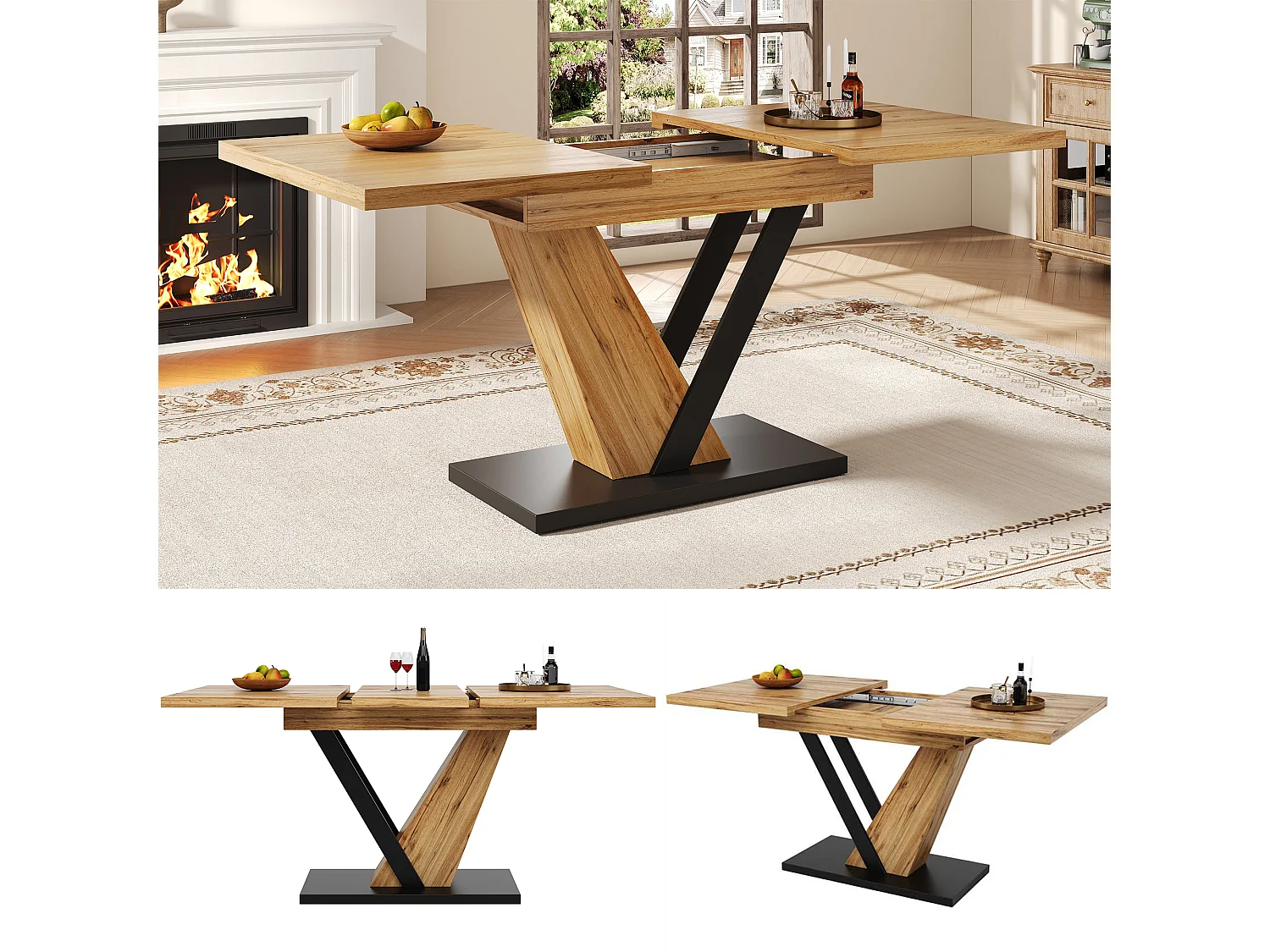 Table à manger extensible - 120/160 x 75 x 75.5 cm - pour cuisine et salon - MDF + métal - naturel