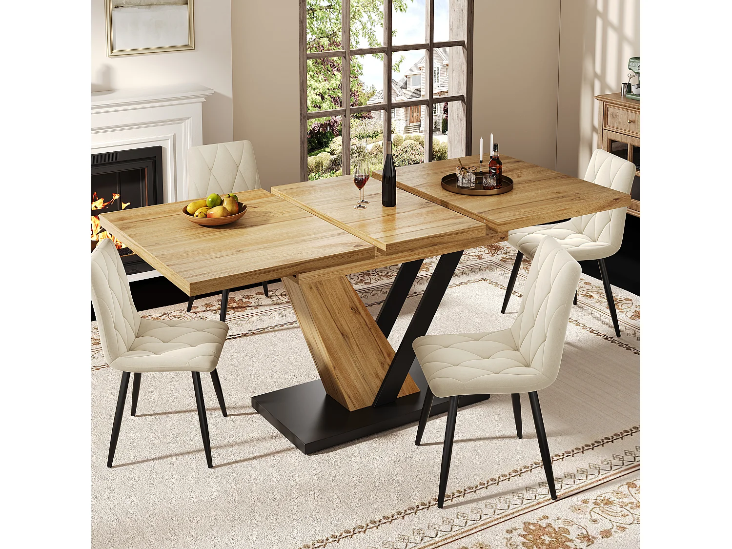 Table à manger extensible - 120/160 x 75 x 75.5 cm - pour cuisine et salon - MDF + métal - naturel