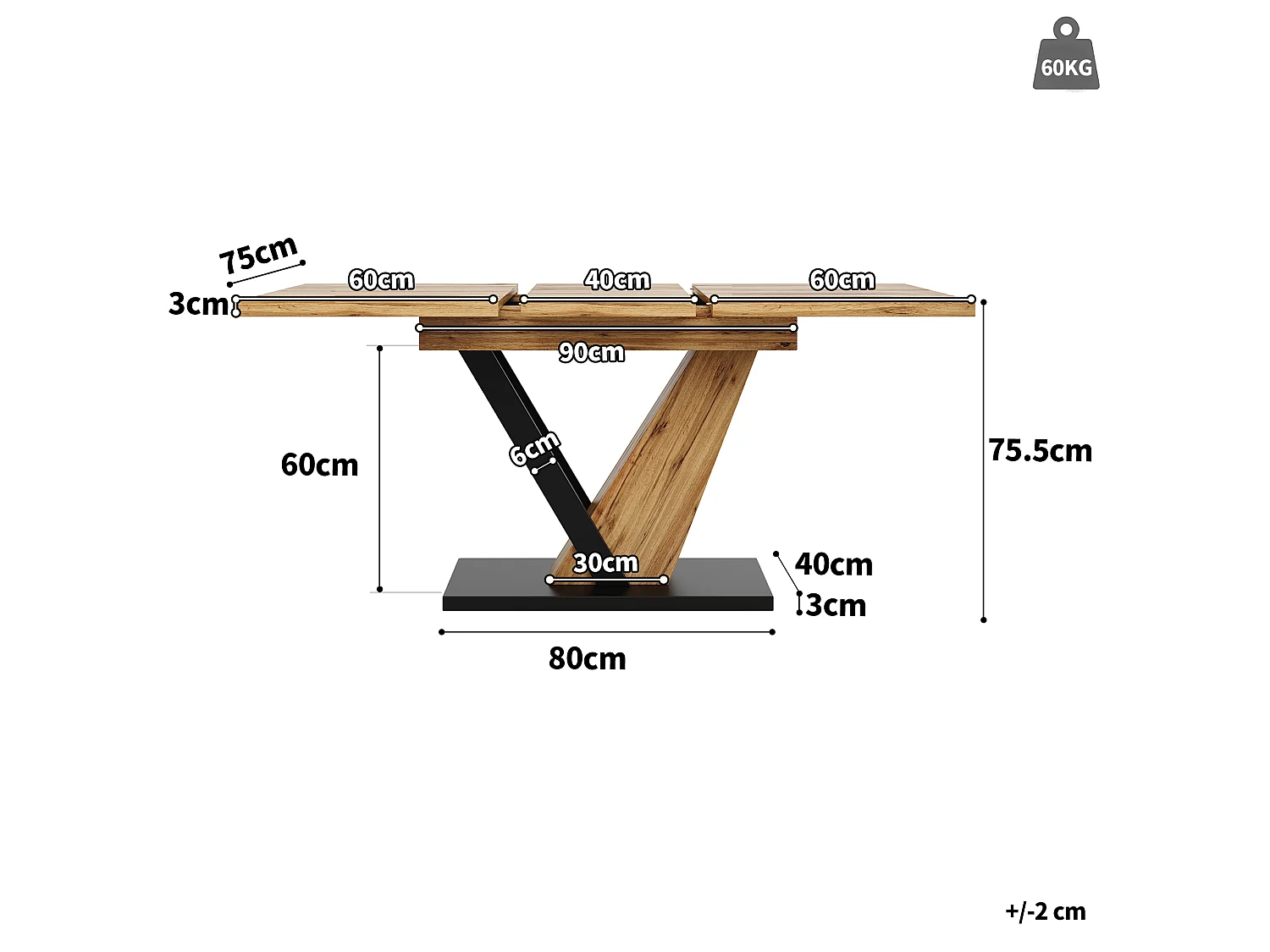Table à manger extensible - 120/160 x 75 x 75.5 cm - pour cuisine et salon - MDF + métal - naturel
