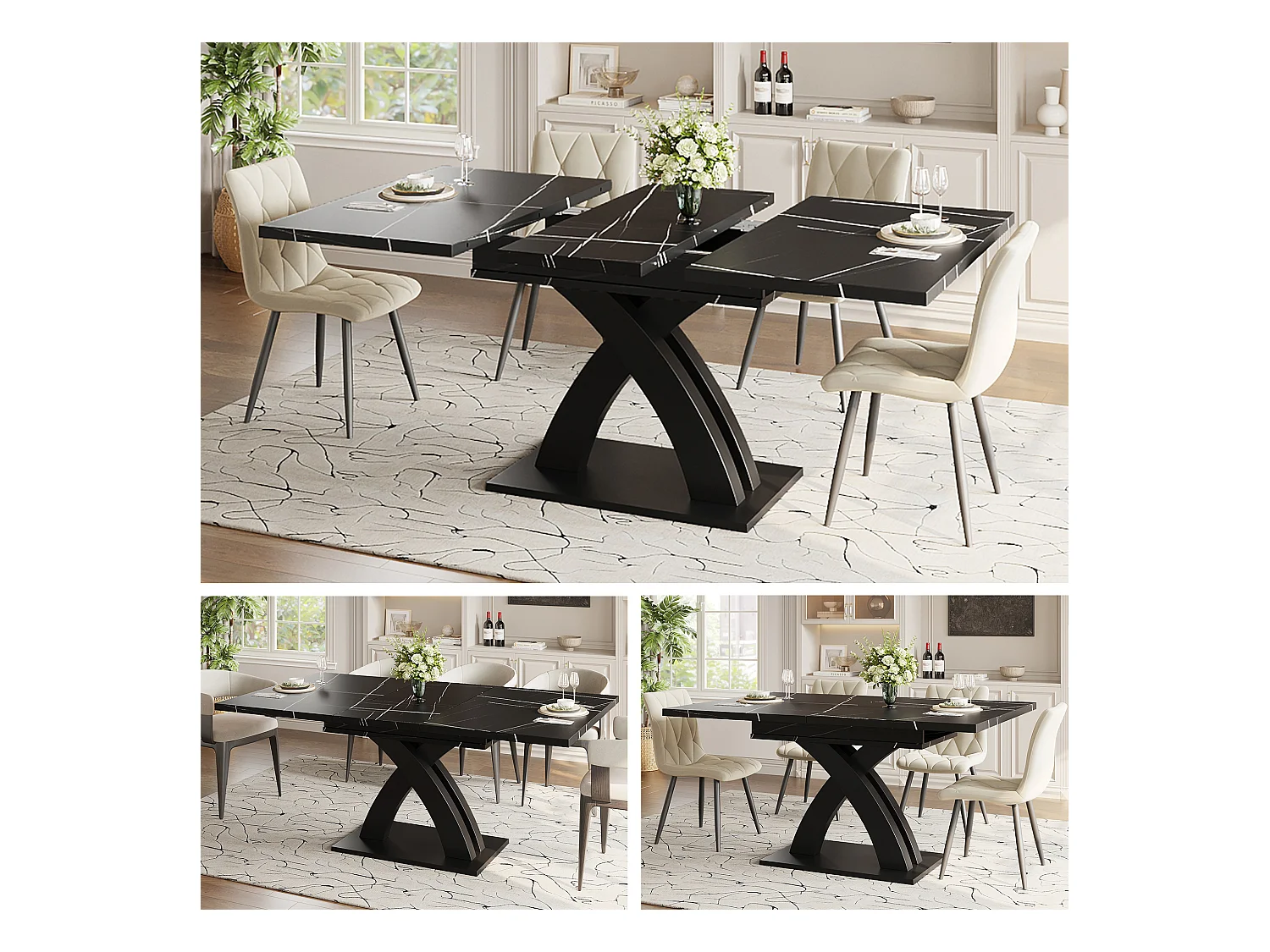 Table à manger extensible 6 places - 120/160 x 80 x 76 cm - pour salles à manger et cuisines - MDF + métal - noir