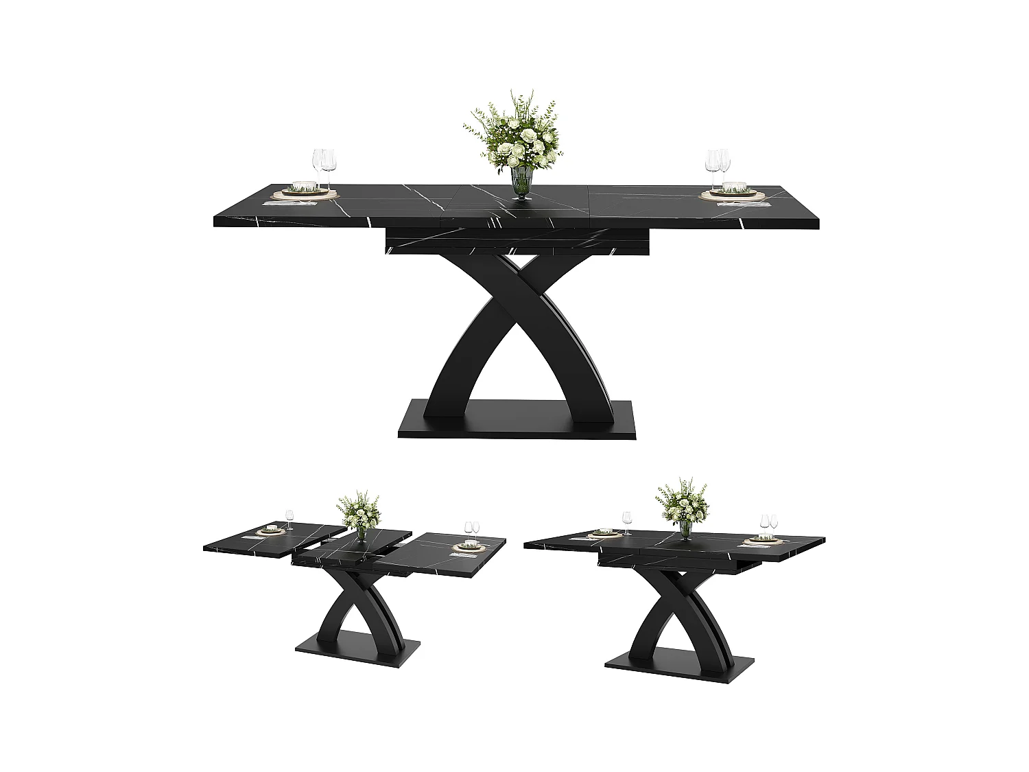 Table à manger extensible 6 places - 120/160 x 80 x 76 cm - pour salles à manger et cuisines - MDF + métal - noir