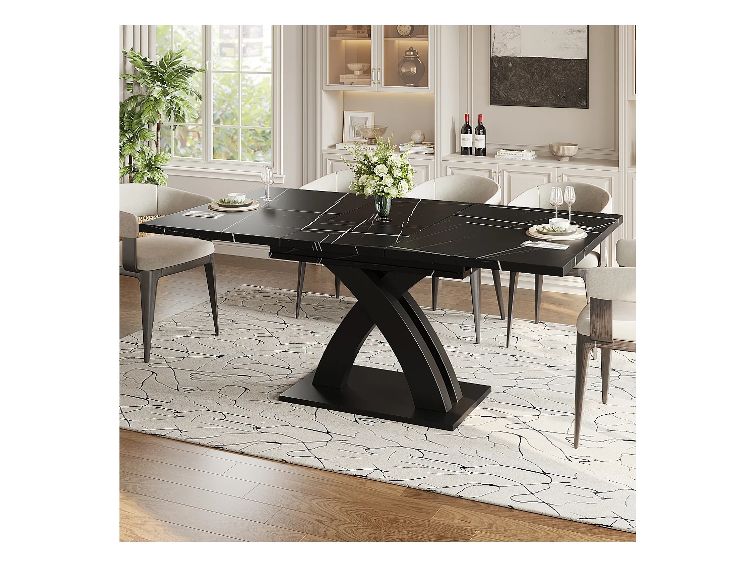 Table à manger extensible 6 places - 120/160 x 80 x 76 cm - pour salles à manger et cuisines - MDF + métal - noir