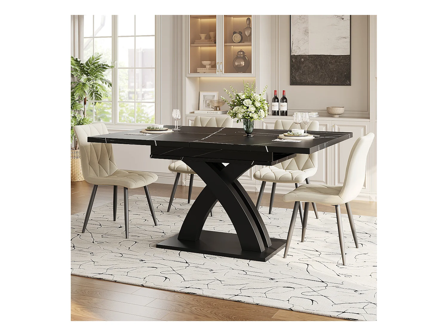 Table à manger extensible 6 places - 120/160 x 80 x 76 cm - pour salles à manger et cuisines - MDF + métal - noir