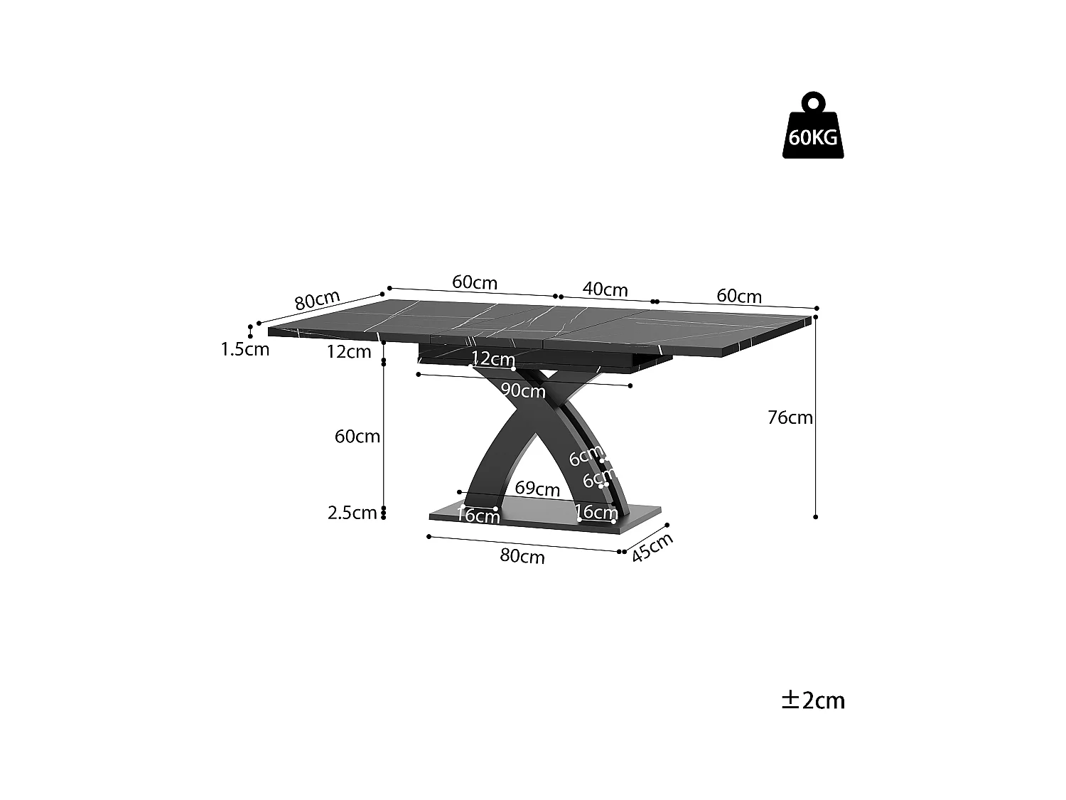 Table à manger extensible 6 places - 120/160 x 80 x 76 cm - pour salles à manger et cuisines - MDF + métal - noir