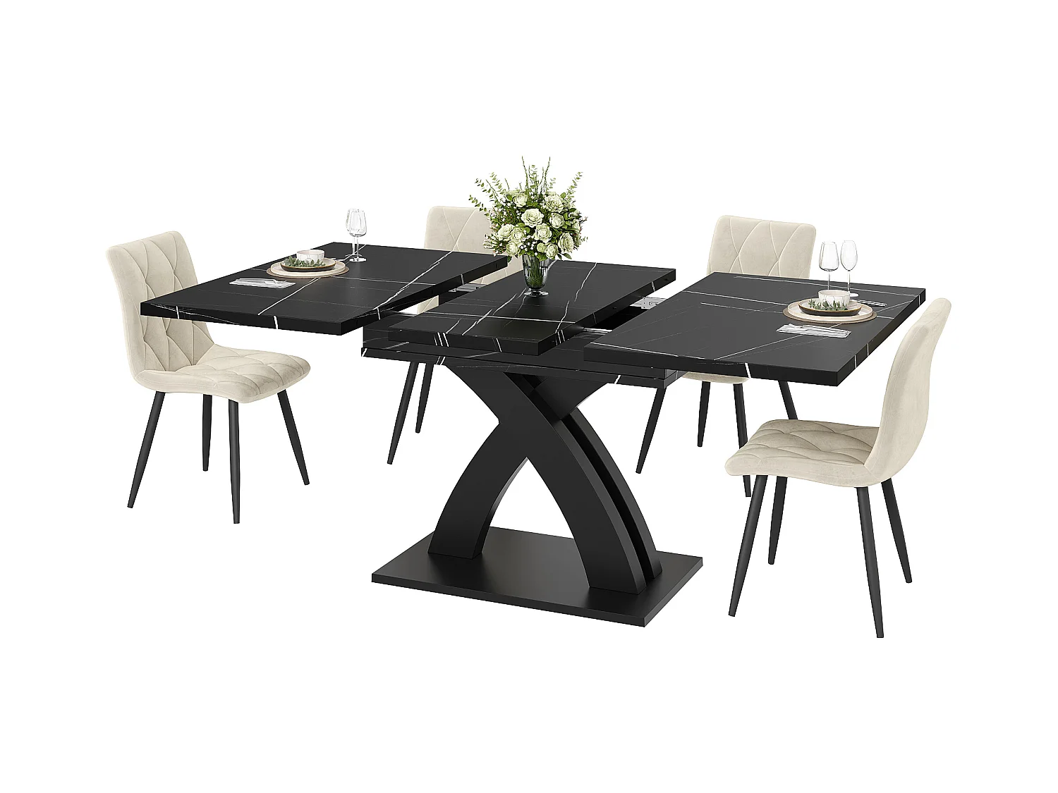 Table à manger extensible 6 places - 120/160 x 80 x 76 cm - pour salles à manger et cuisines - MDF + métal - noir