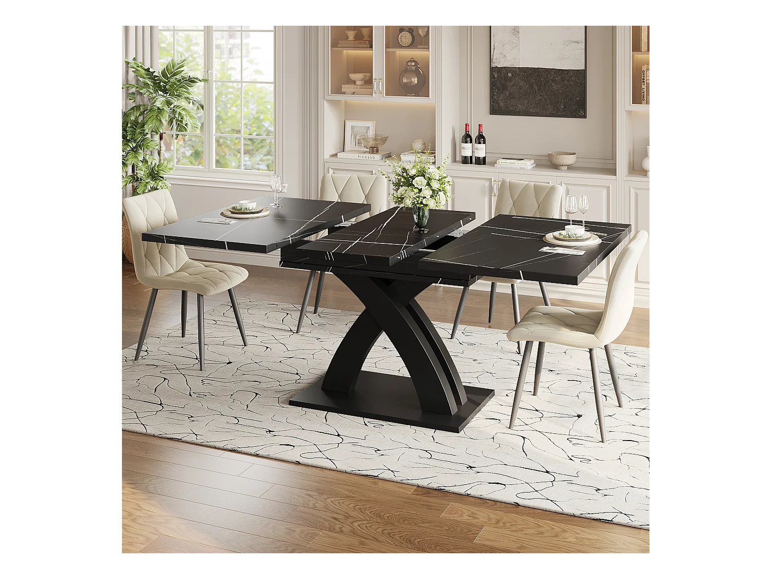 Table à manger extensible 6 places - 120/160 x 80 x 76 cm - pour salles à manger et cuisines - MDF + métal - noir