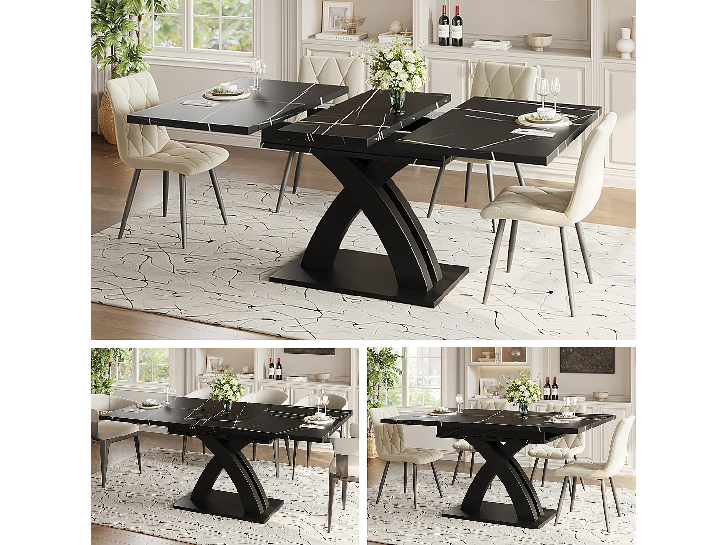 Table à manger extensible 6 places - 120/160 x 80 x 76 cm - pour salles à manger et cuisines - MDF + métal - noir