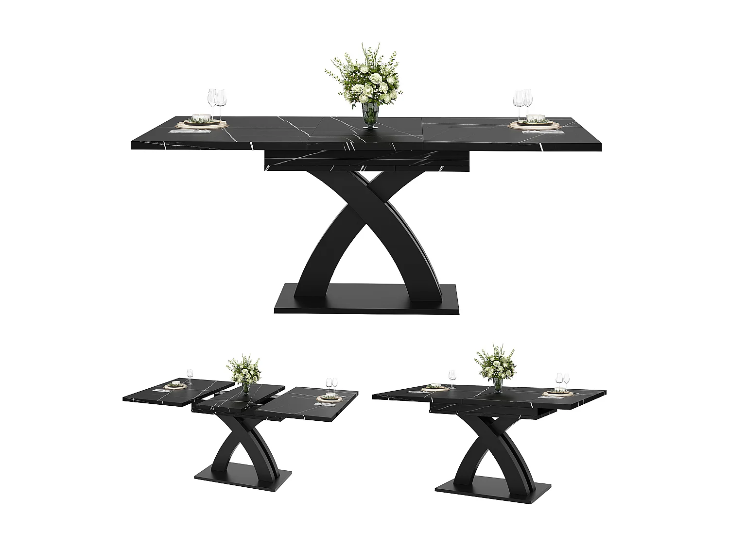 Table à manger extensible 6 places - 120/160 x 80 x 76 cm - pour salles à manger et cuisines - MDF + métal - noir