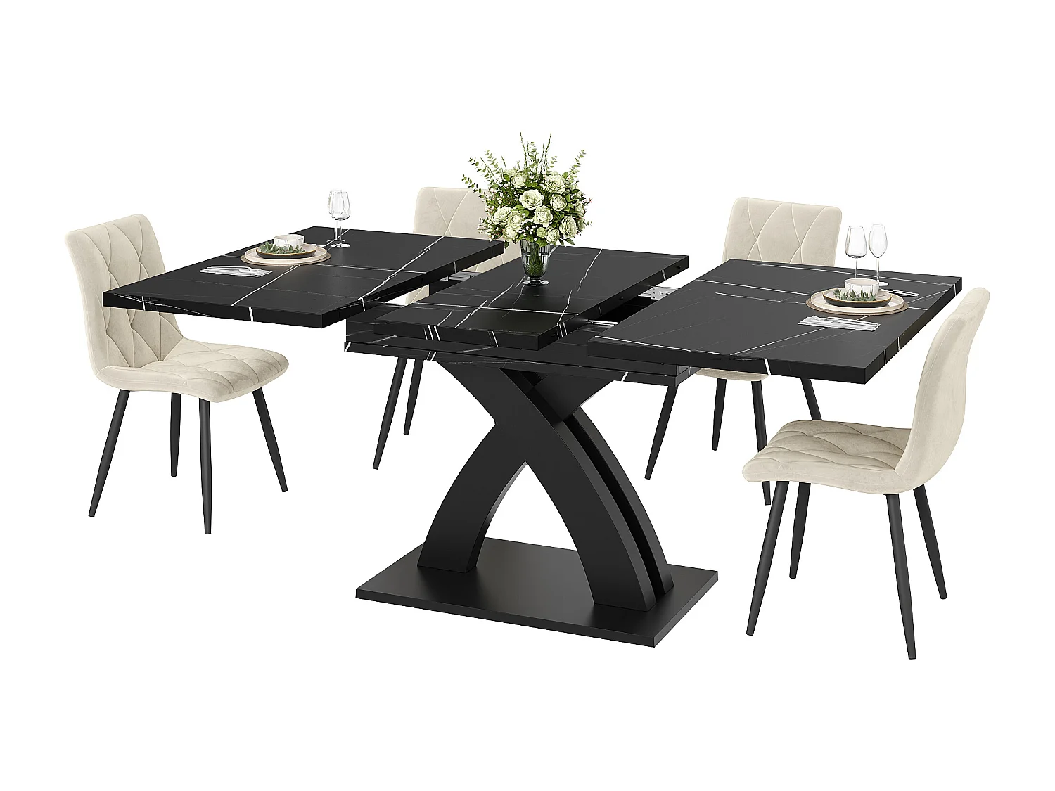 Table à manger extensible 6 places - 120/160 x 80 x 76 cm - pour salles à manger et cuisines - MDF + métal - noir