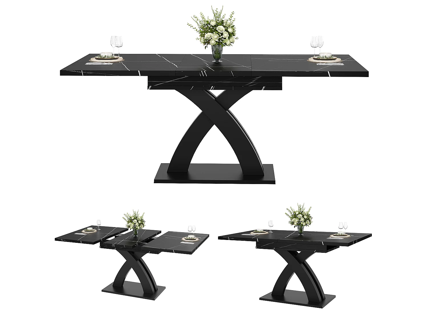 Utdragbart matbord för 6 personer - 120/160 x 80 x 76 cm - för matrum och kök - MDF + metall - svart