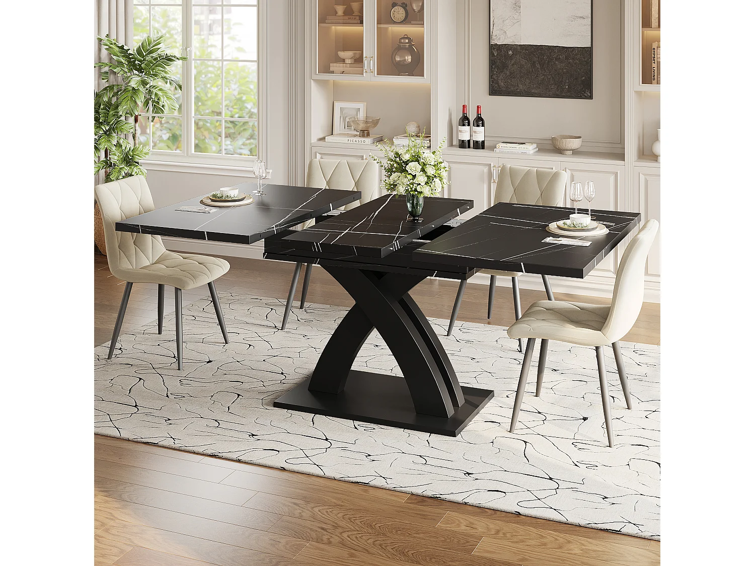 Utdragbart matbord för 6 personer - 120/160 x 80 x 76 cm - för matrum och kök - MDF + metall - svart