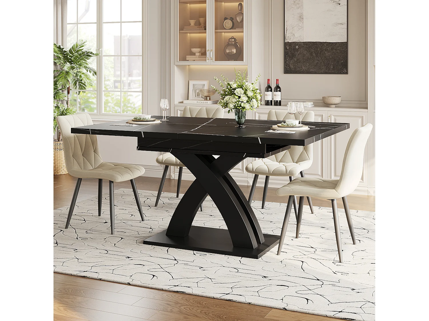 Utdragbart matbord för 6 personer - 120/160 x 80 x 76 cm - för matrum och kök - MDF + metall - svart