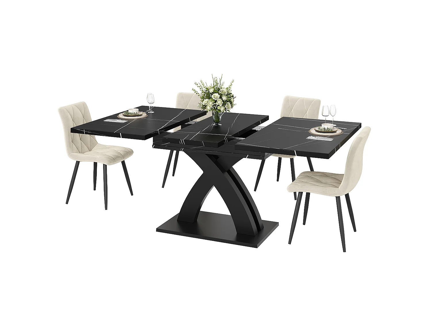 Utdragbart matbord för 6 personer - 120/160 x 80 x 76 cm - för matrum och kök - MDF + metall - svart