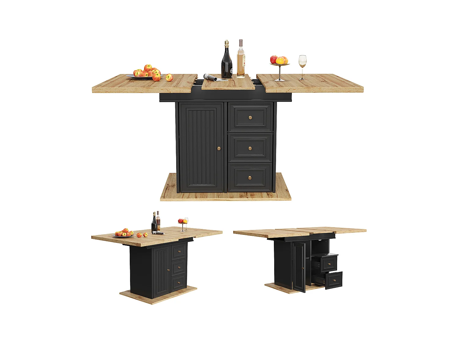 Table à manger extensible 6 places - 110/140 x 80 x 75 cm - avec porte et tiroirs - MDF + métal - naturel