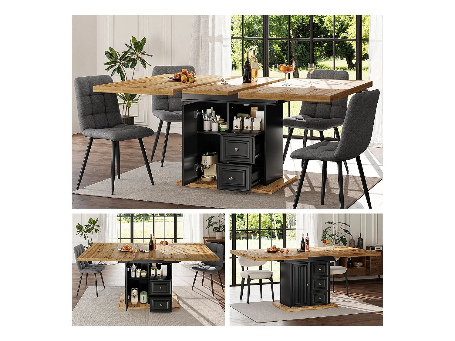 Ausziehbarer Esstisch für 6 Personen – 110/140 x 80 x 75 cm – mit Tür und Schubladen – MDF + Metall – Natur