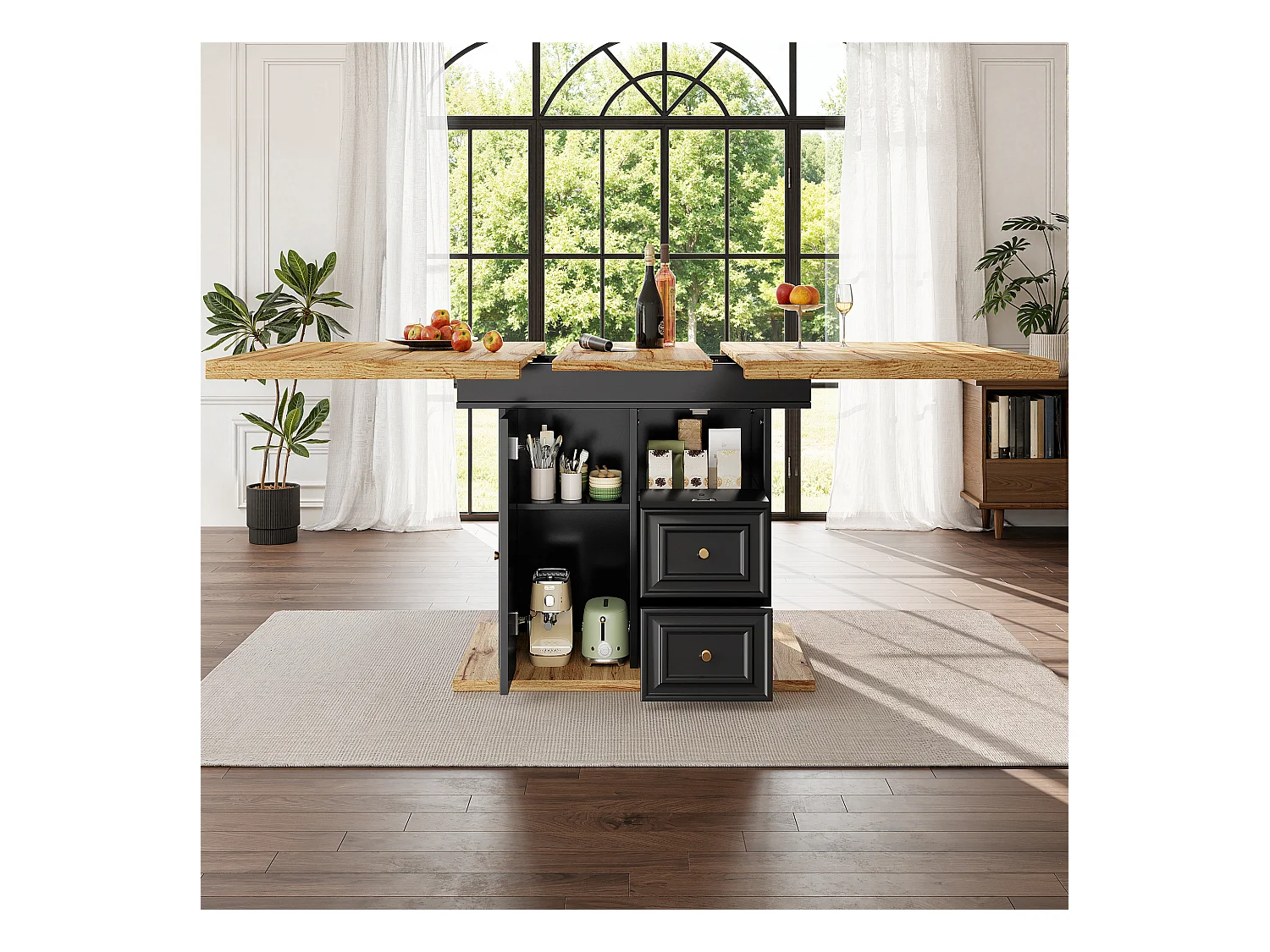 Ausziehbarer Esstisch für 6 Personen – 110/140 x 80 x 75 cm – mit Tür und Schubladen – MDF + Metall – Natur