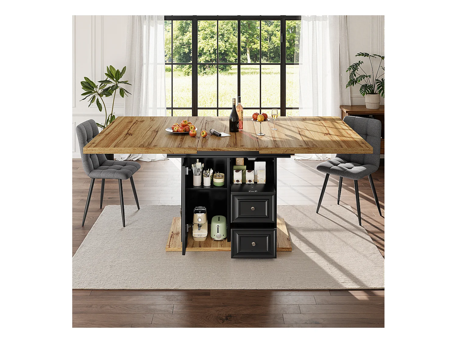 Ausziehbarer Esstisch für 6 Personen – 110/140 x 80 x 75 cm – mit Tür und Schubladen – MDF + Metall – Natur