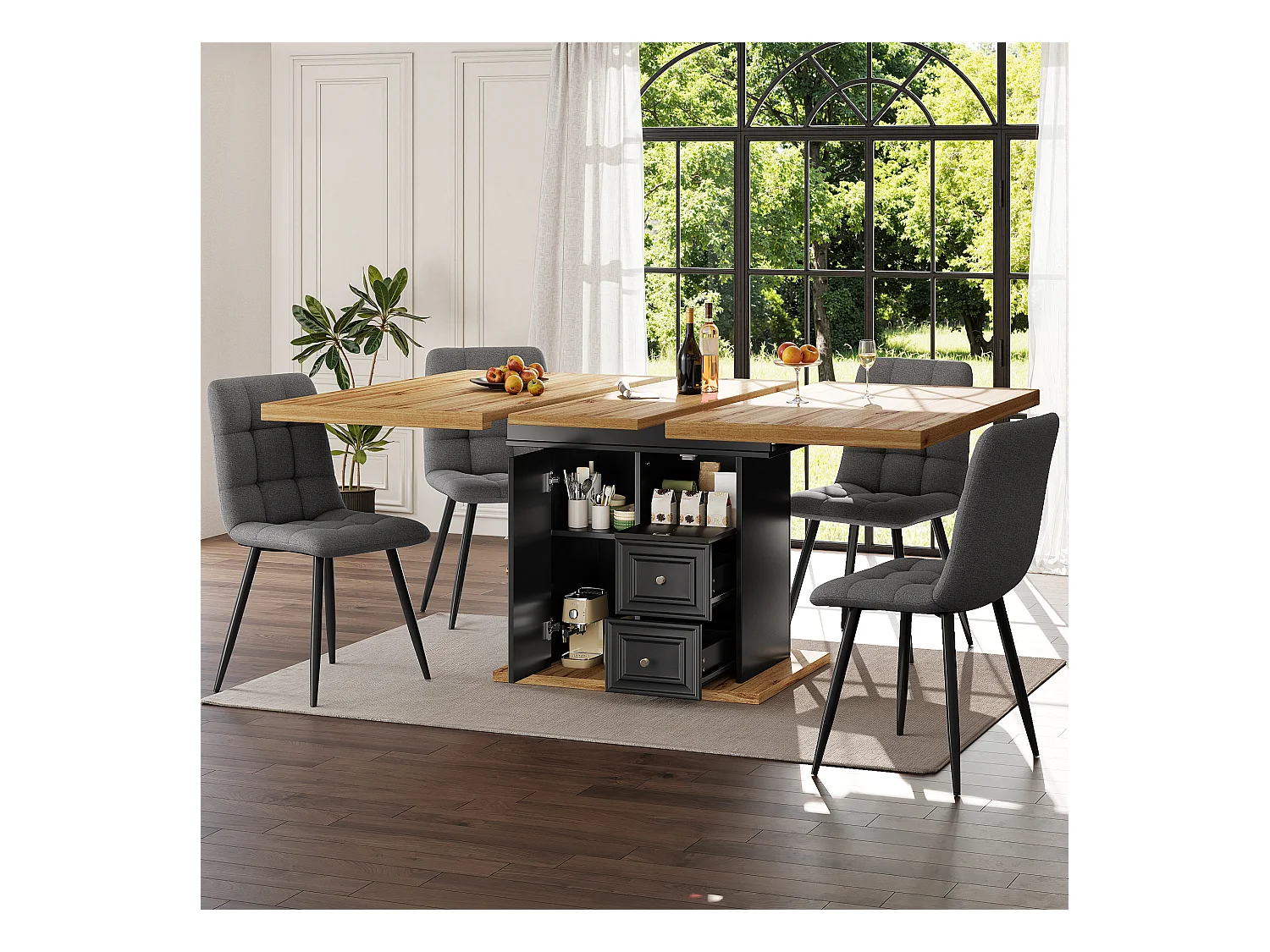 Ausziehbarer Esstisch für 6 Personen – 110/140 x 80 x 75 cm – mit Tür und Schubladen – MDF + Metall – Natur