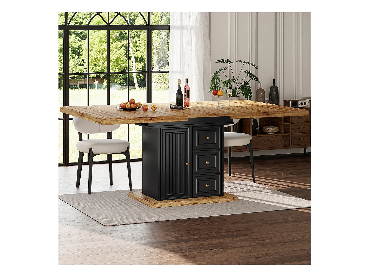 Ausziehbarer Esstisch für 6 Personen – 110/140 x 80 x 75 cm – mit Tür und Schubladen – MDF + Metall – Natur