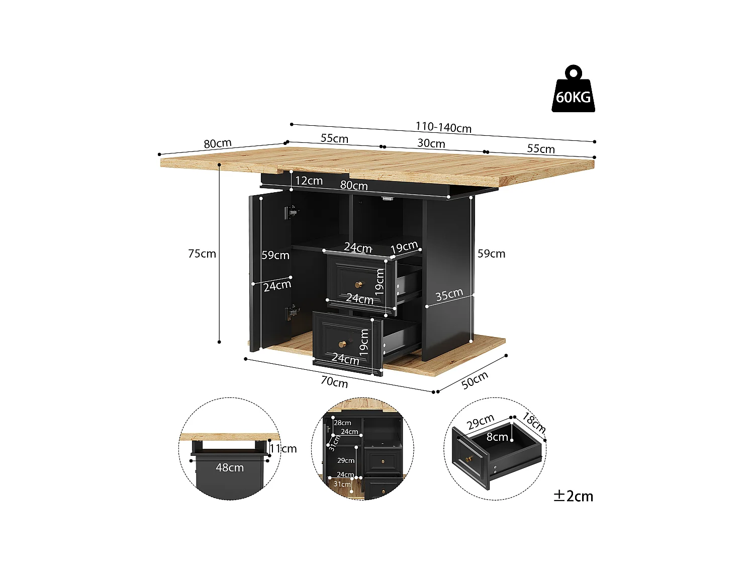 Ausziehbarer Esstisch für 6 Personen – 110/140 x 80 x 75 cm – mit Tür und Schubladen – MDF + Metall – Natur