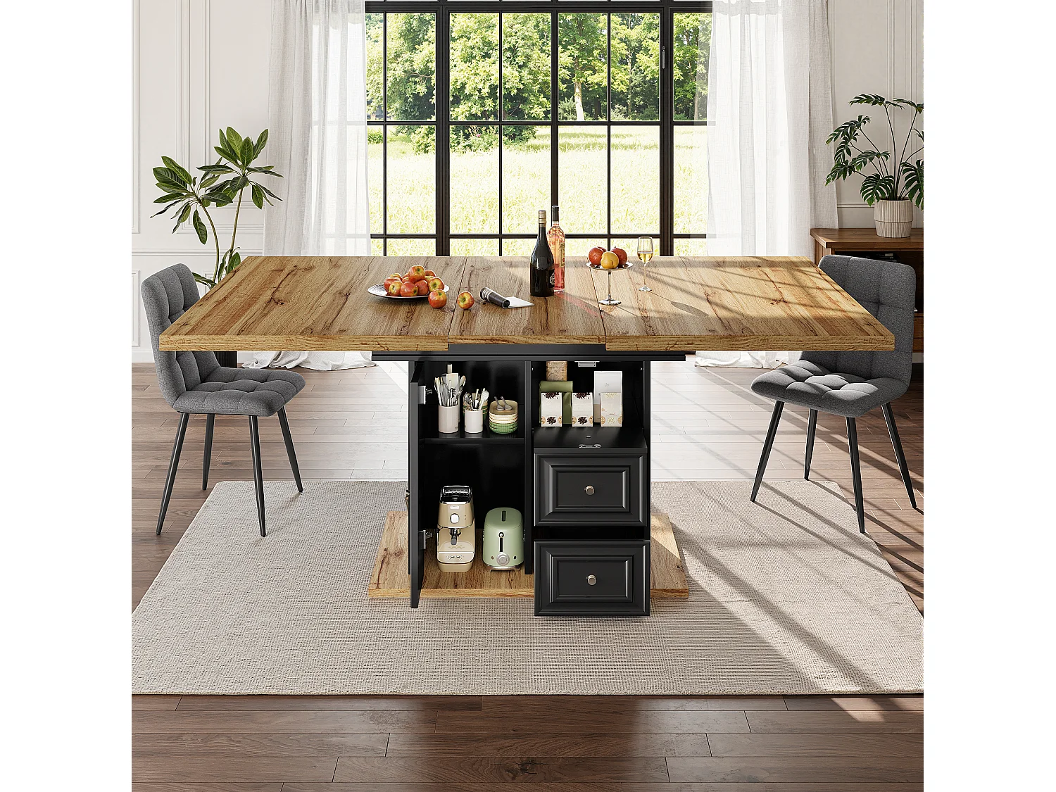 Table à manger extensible 6 places - 110/140 x 80 x 75 cm - avec porte et tiroirs - MDF + métal - naturel