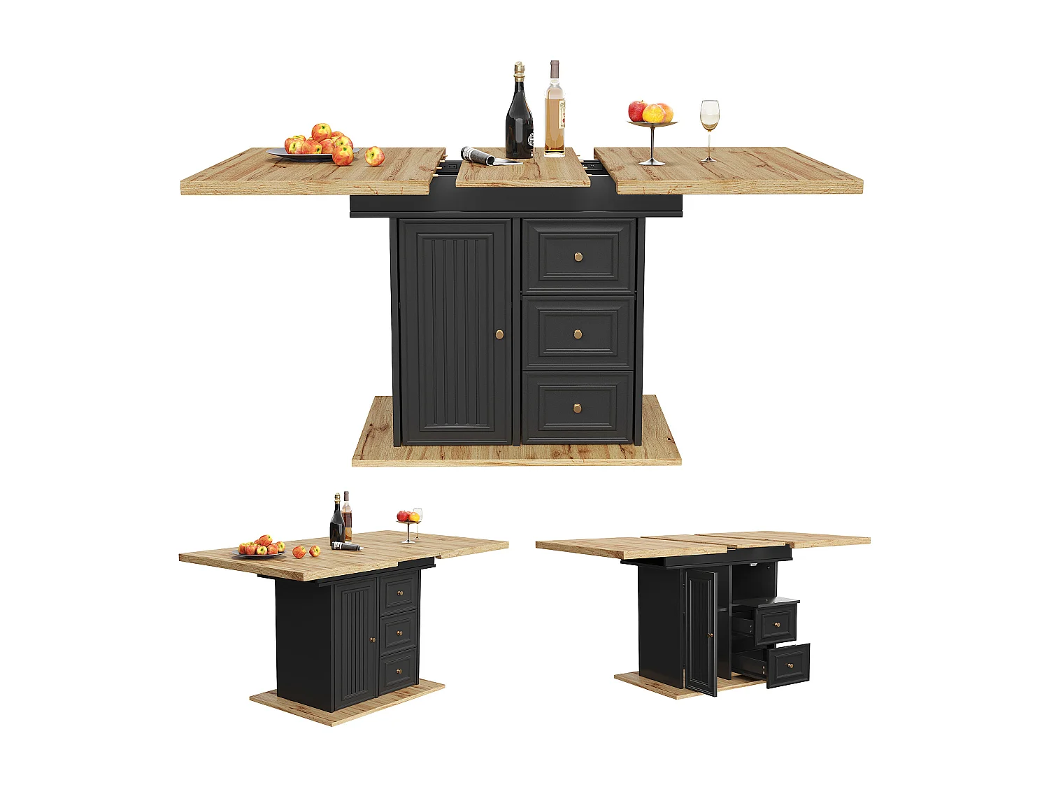 Table à manger extensible 6 places - 110/140 x 80 x 75 cm - avec porte et tiroirs - MDF + métal - naturel