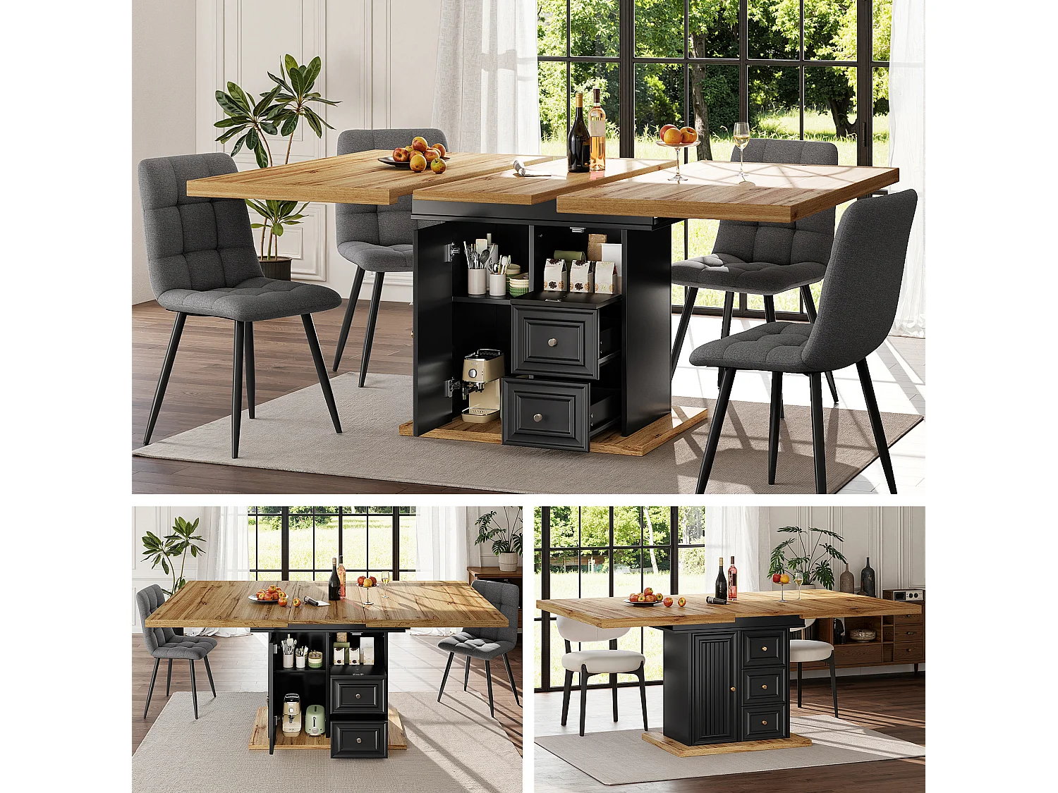 Table à manger extensible 6 places - 110/140 x 80 x 75 cm - avec porte et tiroirs - MDF + métal - naturel