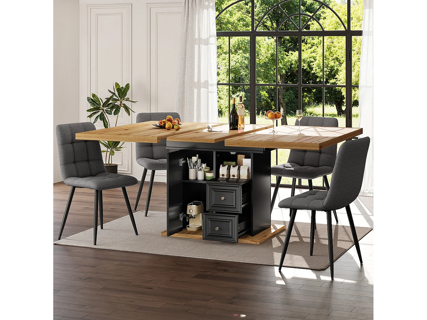 Table à manger extensible 6 places - 110/140 x 80 x 75 cm - avec porte et tiroirs - MDF + métal - naturel