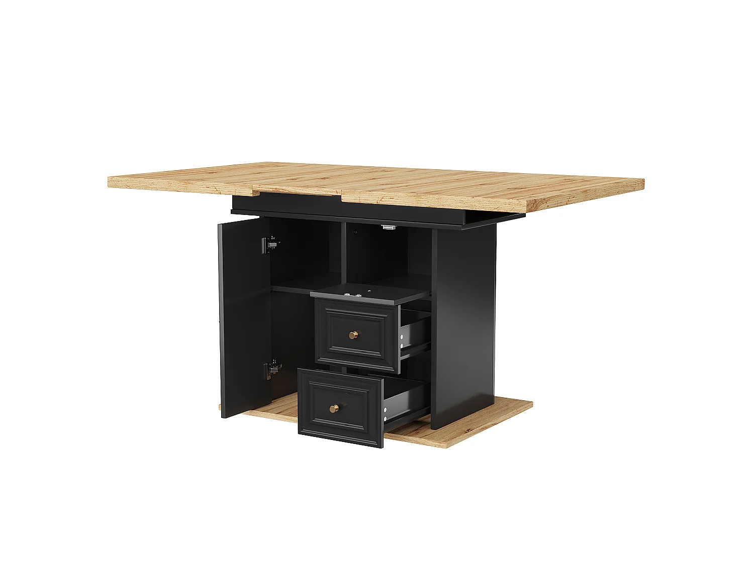 Table à manger extensible 6 places - 110/140 x 80 x 75 cm - avec porte et tiroirs - MDF + métal - naturel