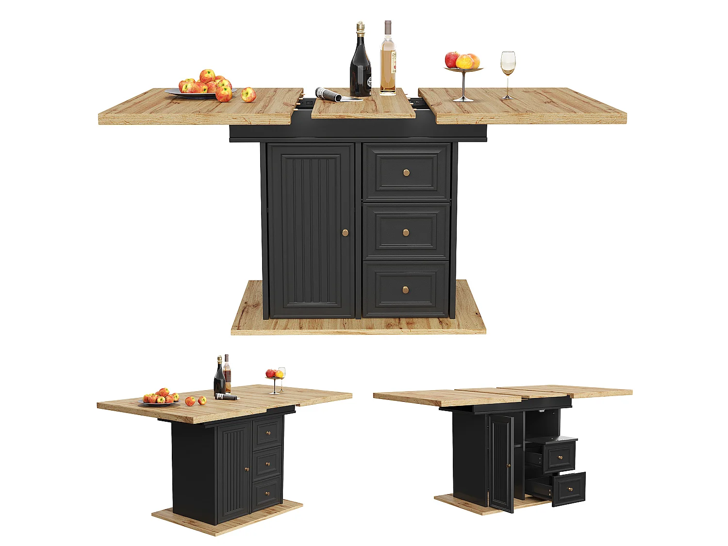 Table à manger extensible 6 places - 110/140 x 80 x 75 cm - avec porte et tiroirs - MDF + métal - naturel