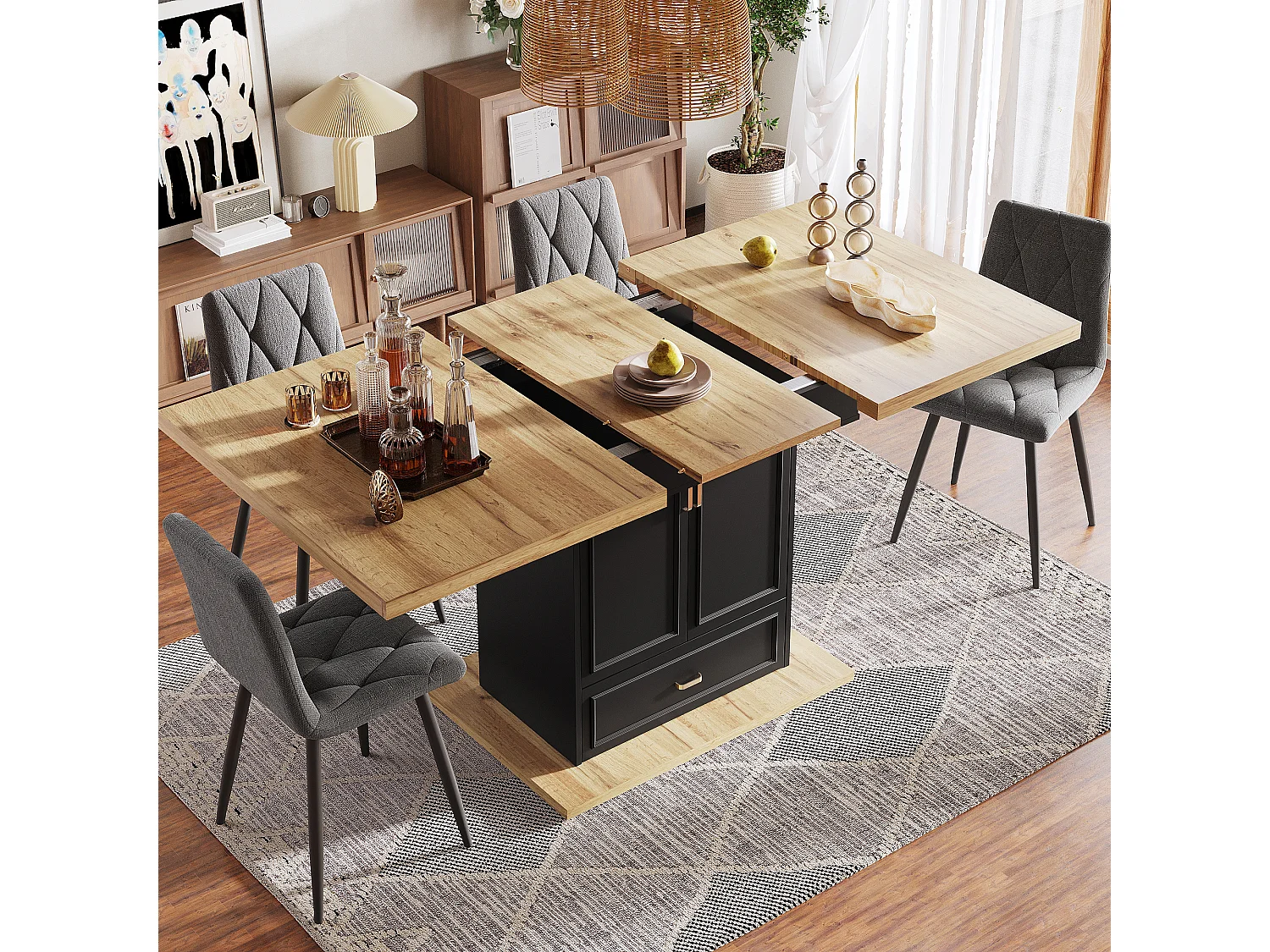 Table à manger extensible 6 places - 110/140 x 80 x 75 cm - avec 2 portes + 1 tiroir - MDF + métal - naturel