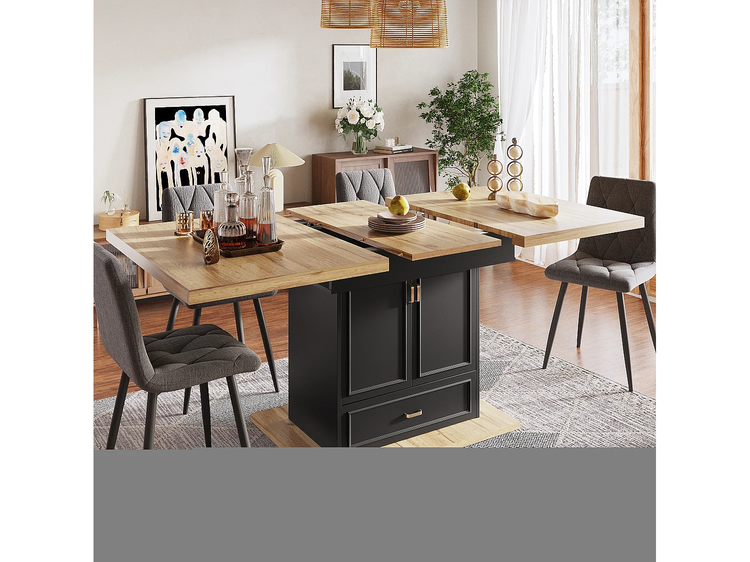 Table à manger extensible 6 places - 110/140 x 80 x 75 cm - avec 2 portes + 1 tiroir - MDF + métal - naturel