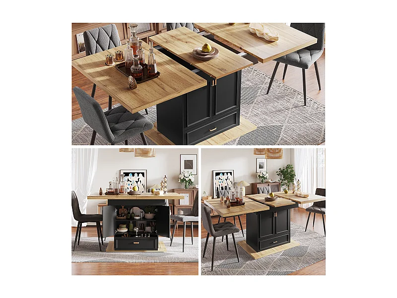 Table à manger extensible 6 places - 110/140 x 80 x 75 cm - avec 2 portes + 1 tiroir - MDF + métal - naturel