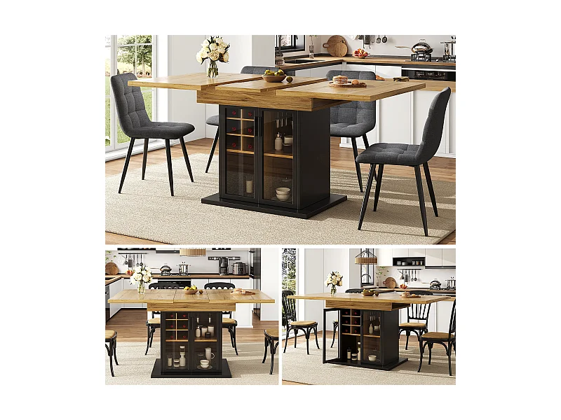 Table à manger extensible 6 places 110/140 x 80 x 76 cm - avec casier à vin + porte en verre - MDF - noir