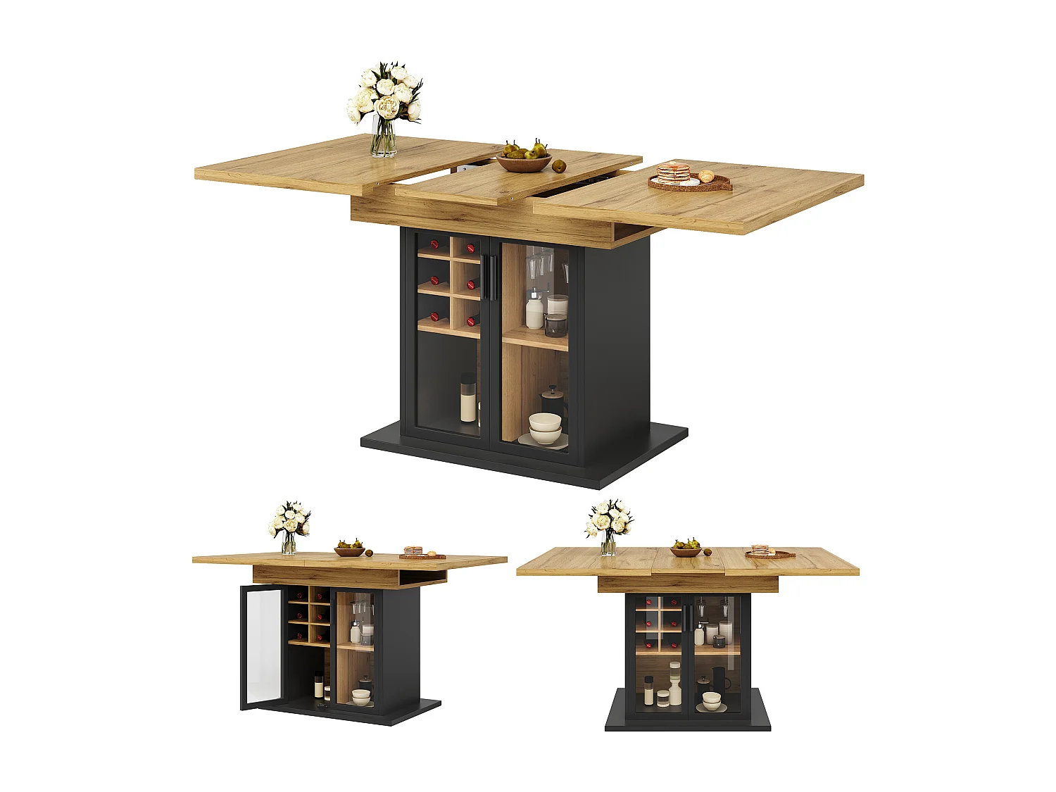 Table à manger extensible 6 places 110/140 x 80 x 76 cm - avec casier à vin + porte en verre - MDF - noir