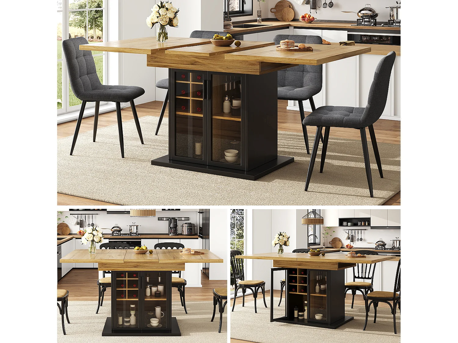 Table à manger extensible 6 places 110/140 x 80 x 76 cm - avec casier à vin + porte en verre - MDF - noir