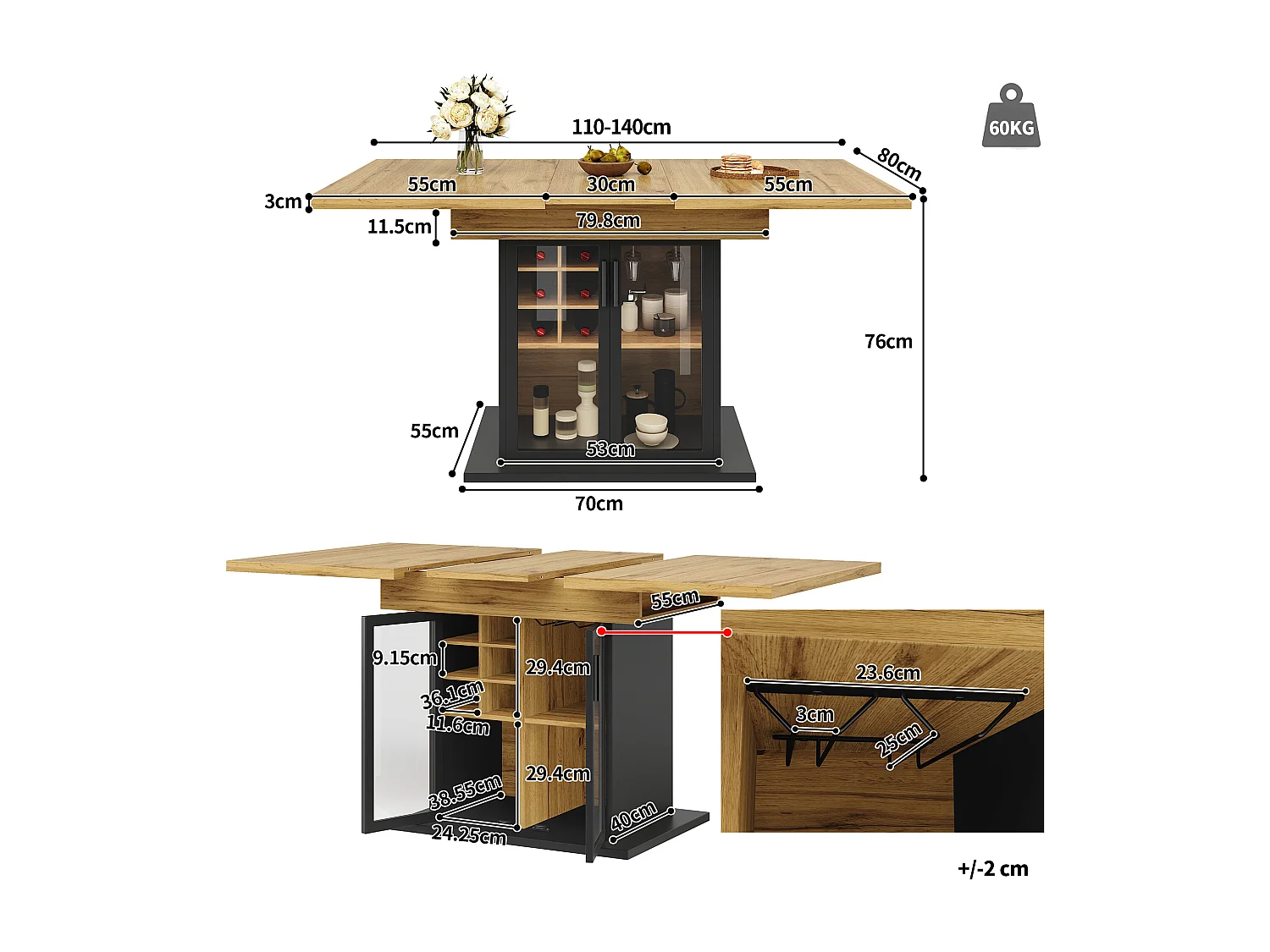 Table à manger extensible 6 places 110/140 x 80 x 76 cm - avec casier à vin + porte en verre - MDF - noir