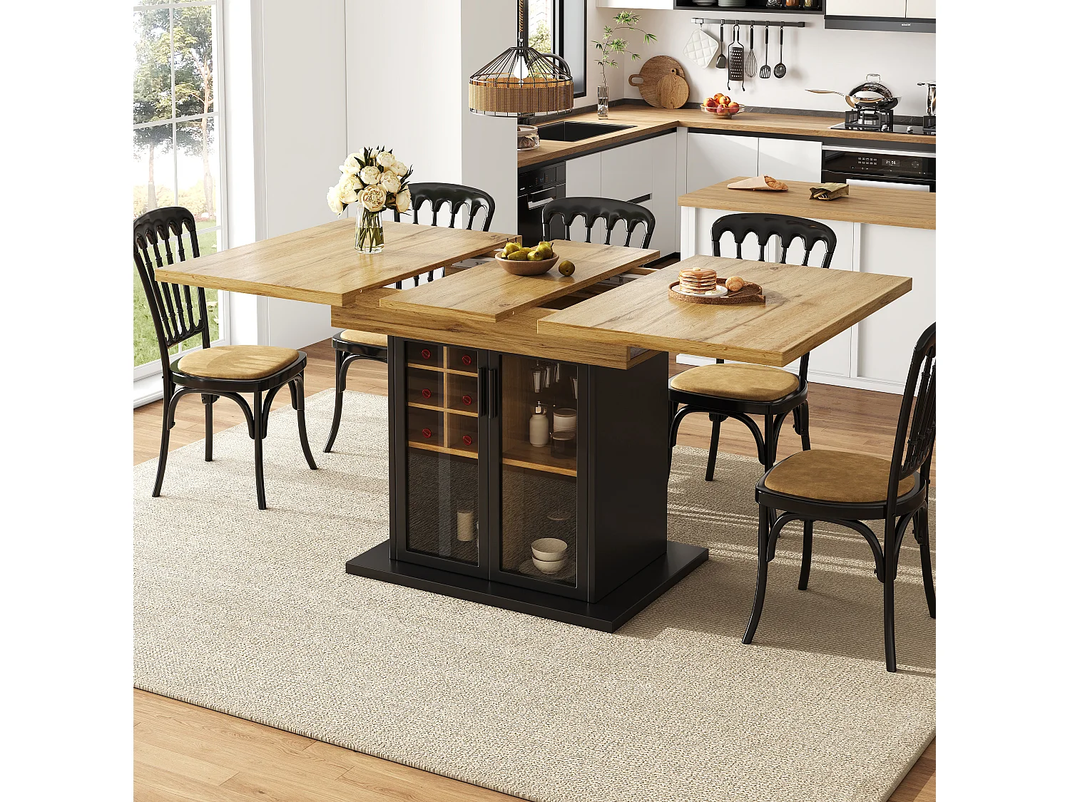 Utdragbart matbord för 6 personer, 110/140 x 80 x 76 cm - med vinställ + glasdörr - MDF - svart