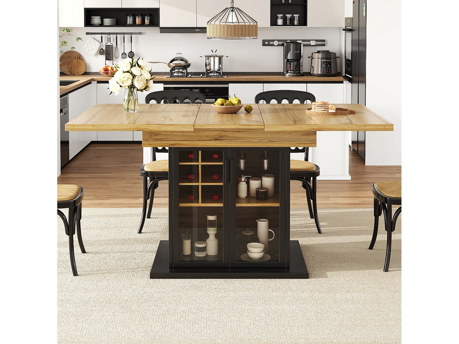 Utdragbart matbord för 6 personer, 110/140 x 80 x 76 cm - med vinställ + glasdörr - MDF - svart