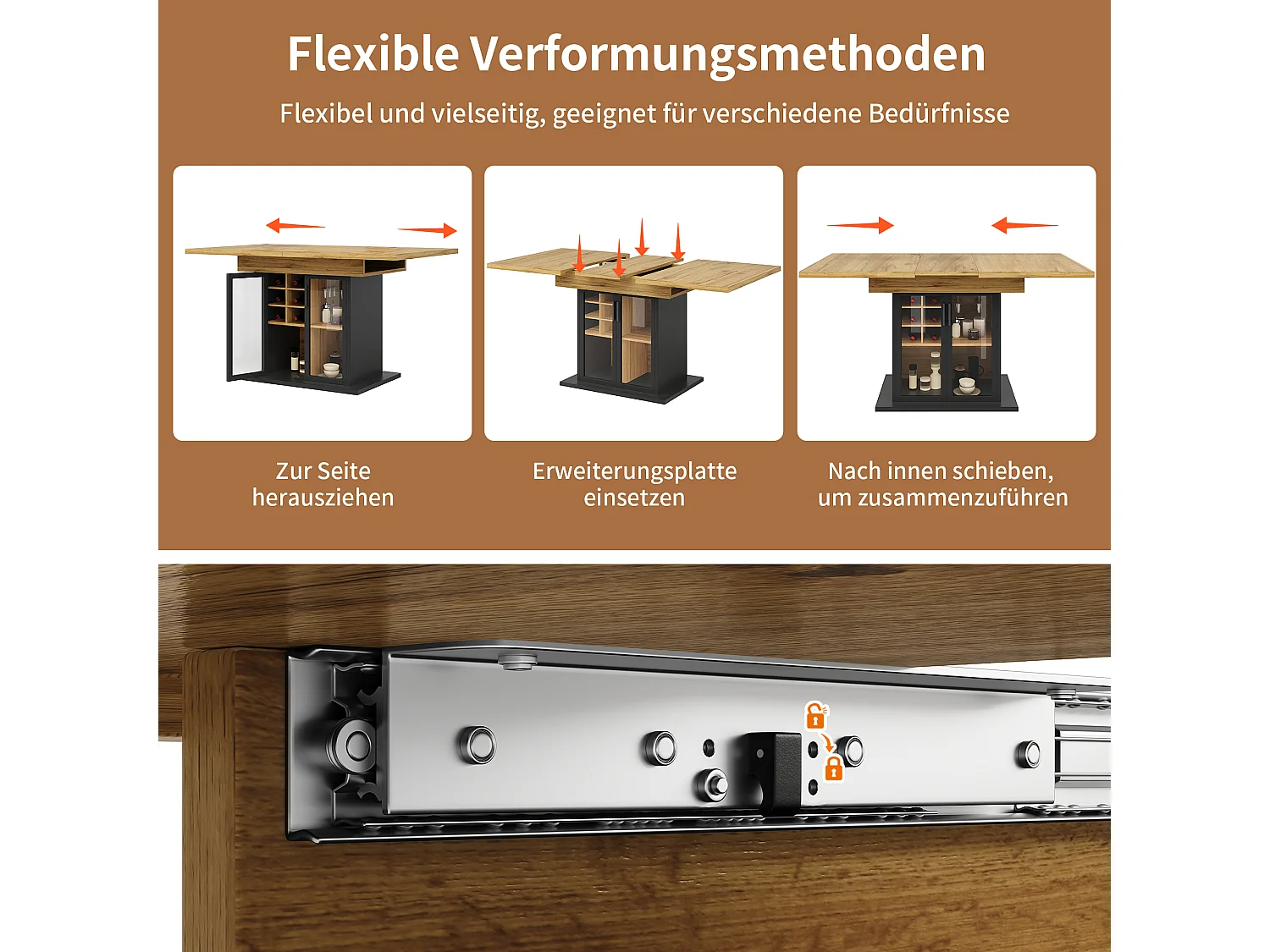 Utdragbart matbord för 6 personer, 110/140 x 80 x 76 cm - med vinställ + glasdörr - MDF - svart
