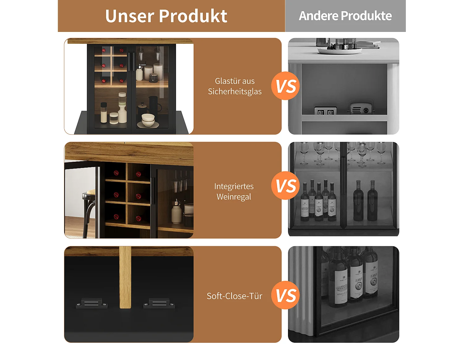 Utdragbart matbord för 6 personer, 110/140 x 80 x 76 cm - med vinställ + glasdörr - MDF - svart