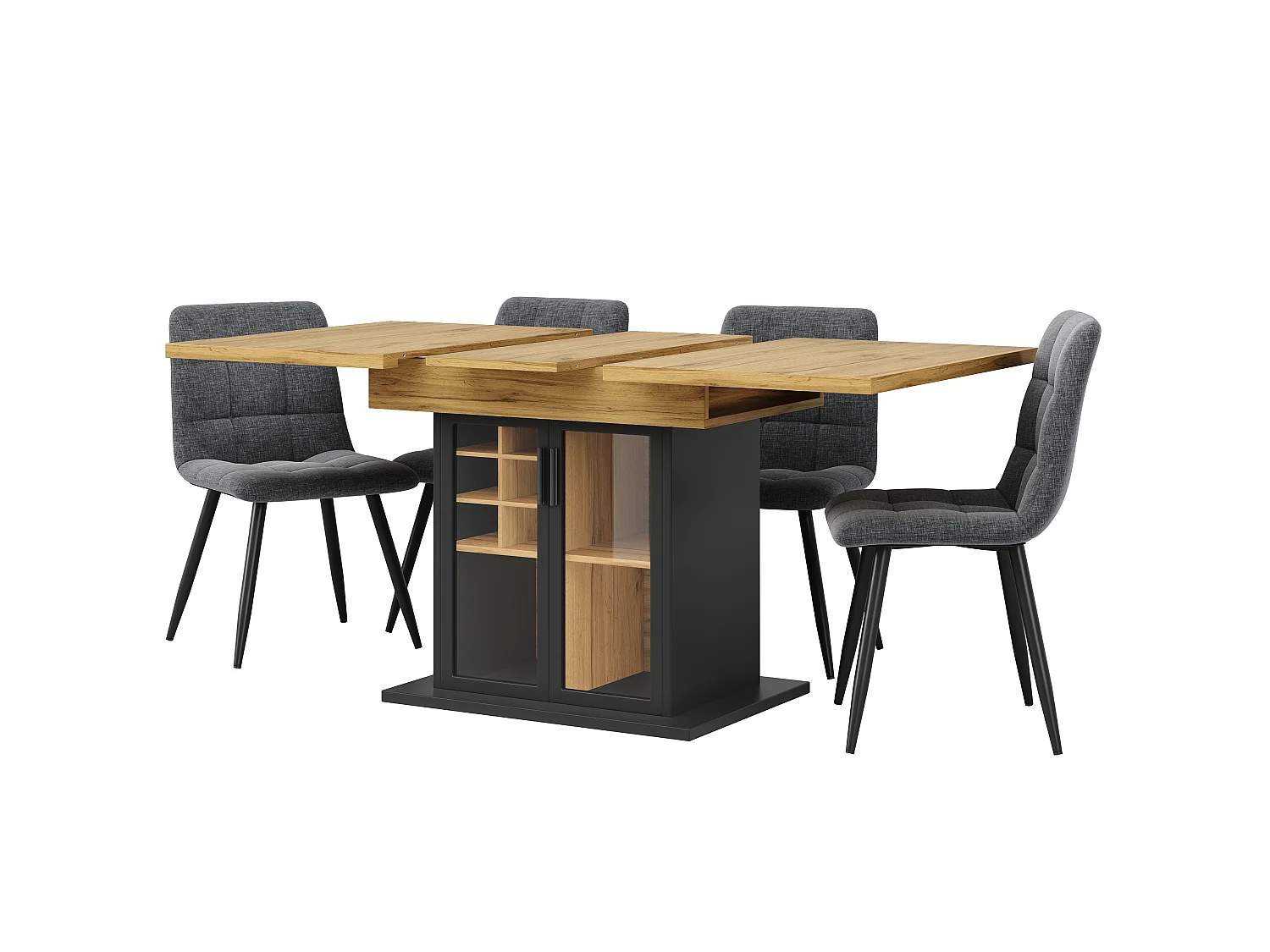 Utdragbart matbord för 6 personer, 110/140 x 80 x 76 cm - med vinställ + glasdörr - MDF - svart