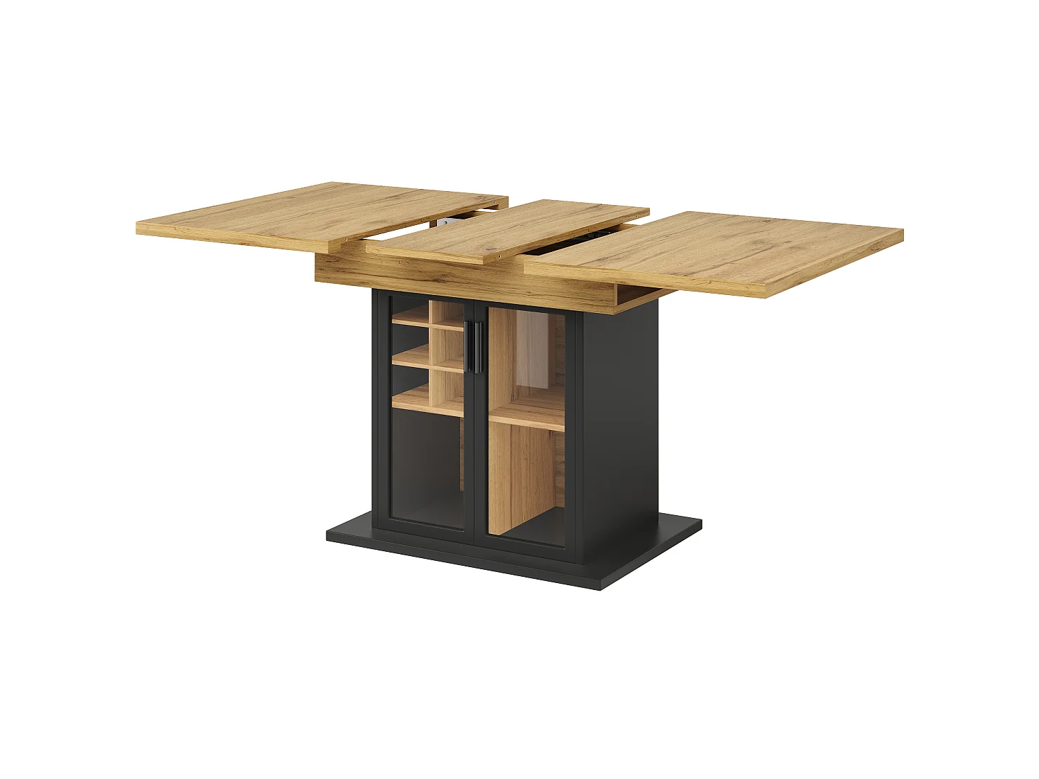 Utdragbart matbord för 6 personer, 110/140 x 80 x 76 cm - med vinställ + glasdörr - MDF - svart